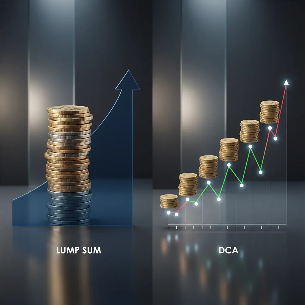 DCA vs lump sum investing comparison with staggered contributions and single large investment