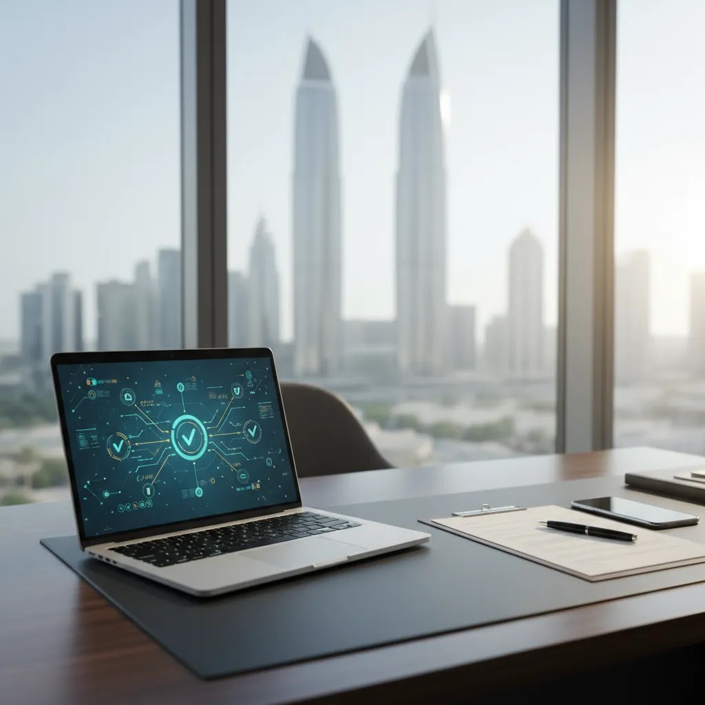 DFSA regulation concept with professional trading workspace in Dubai for Dubai Financial Services Authority guide