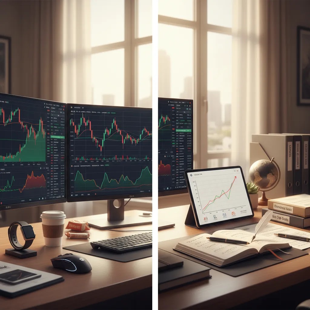 Difference between trading and investing shown through active trading tools and long-term investment planning