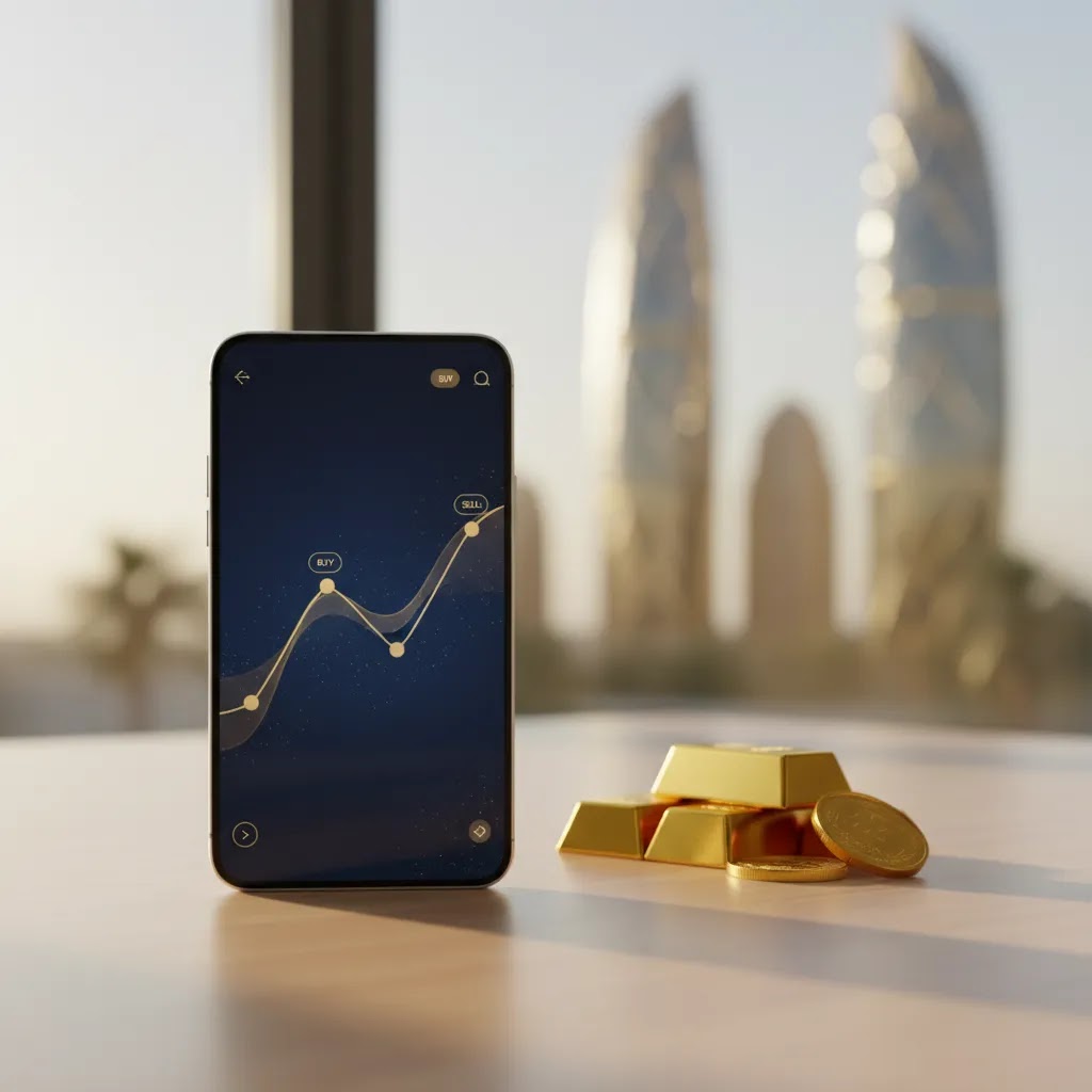 Digital gold investment UAE concept showing smartphone app and physical gold in a premium financial setting