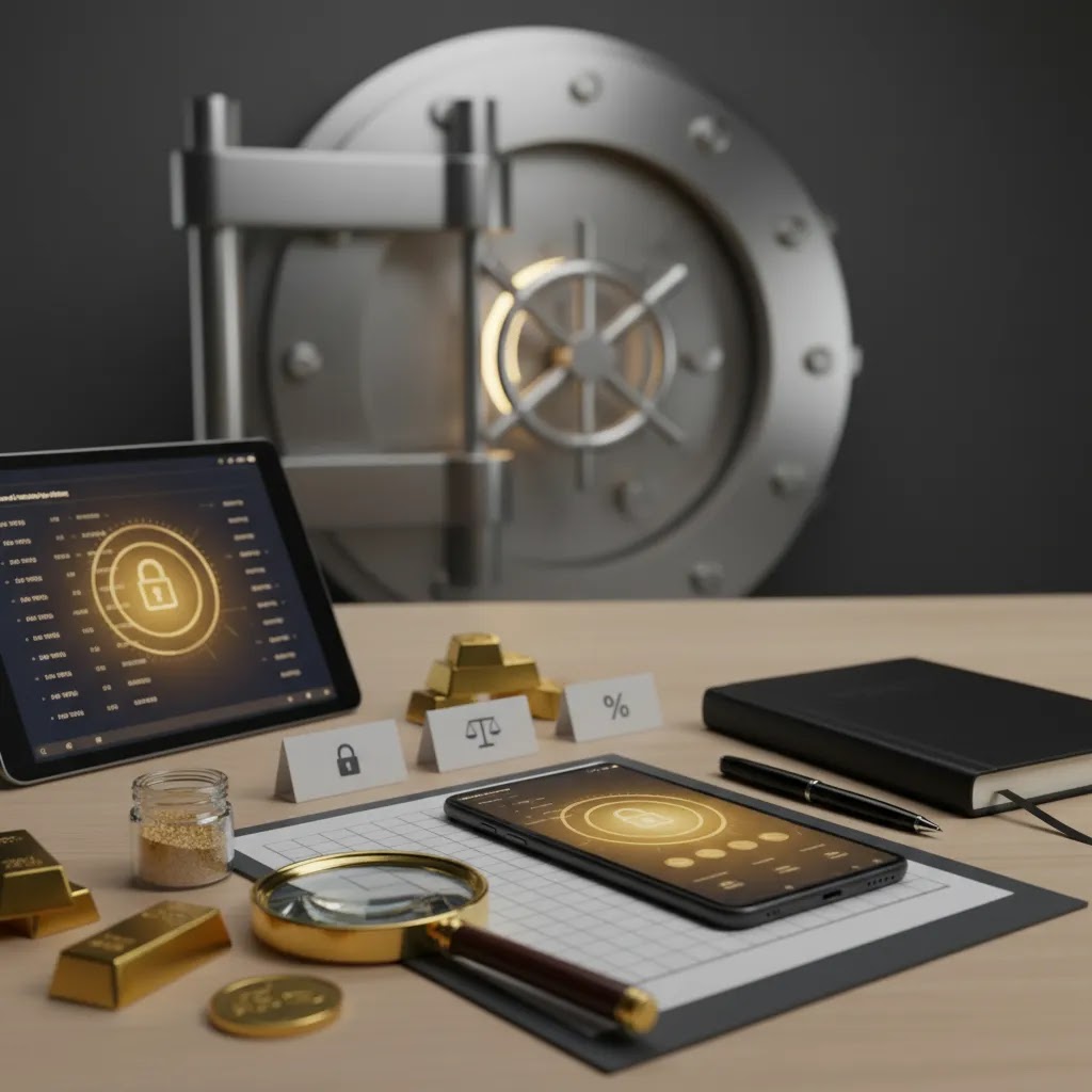 Digital gold platform assessment in UAE showing custody security fees and regulation concept