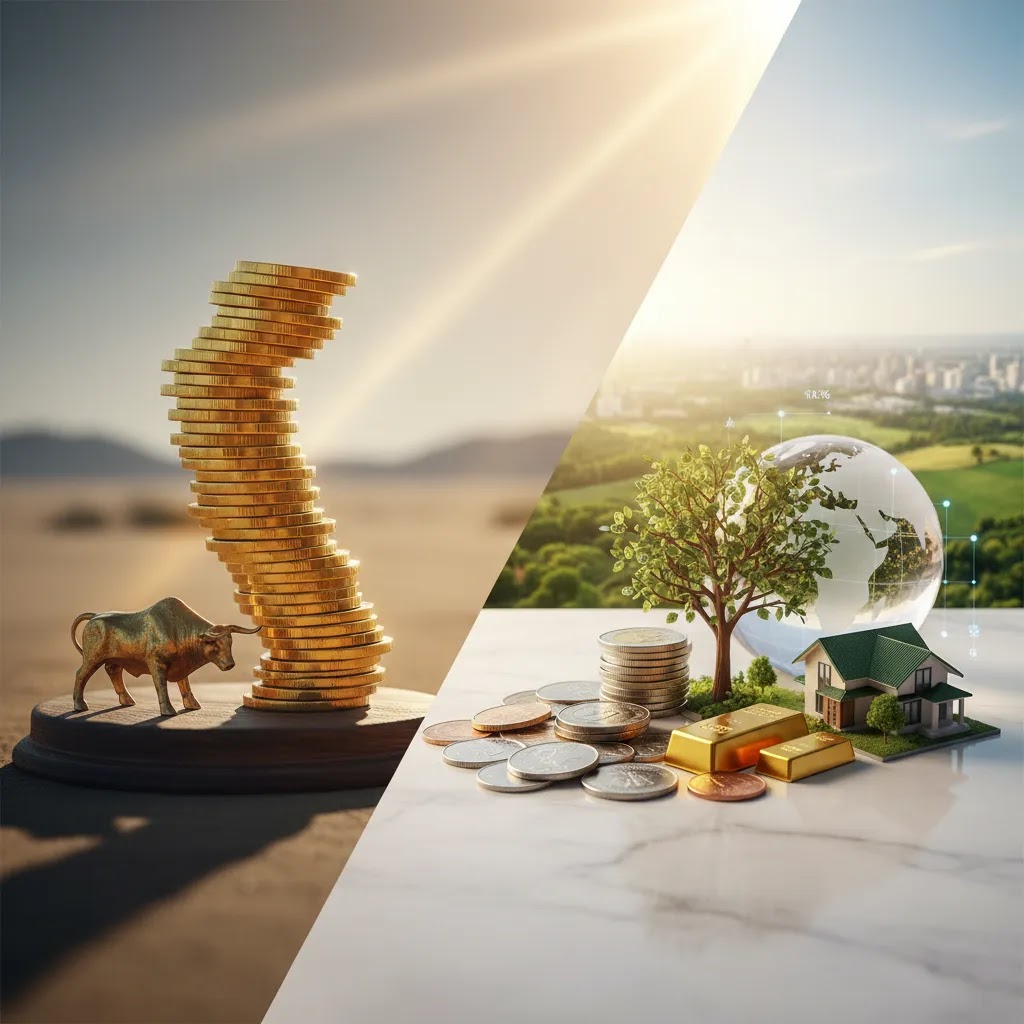 Diversification meaning illustrated by concentrated and diversified portfolio asset arrangements