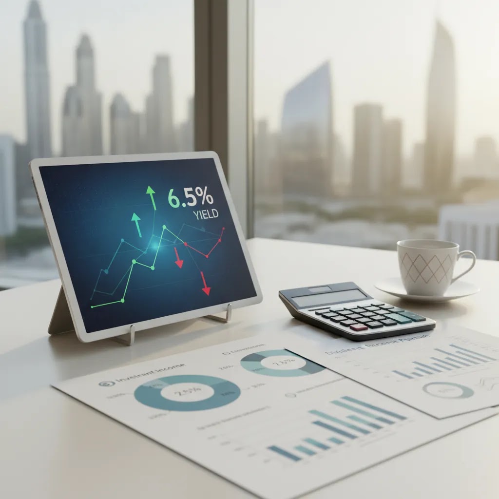 Dividend yield concept showing investment income analysis on a desk for UAE investors