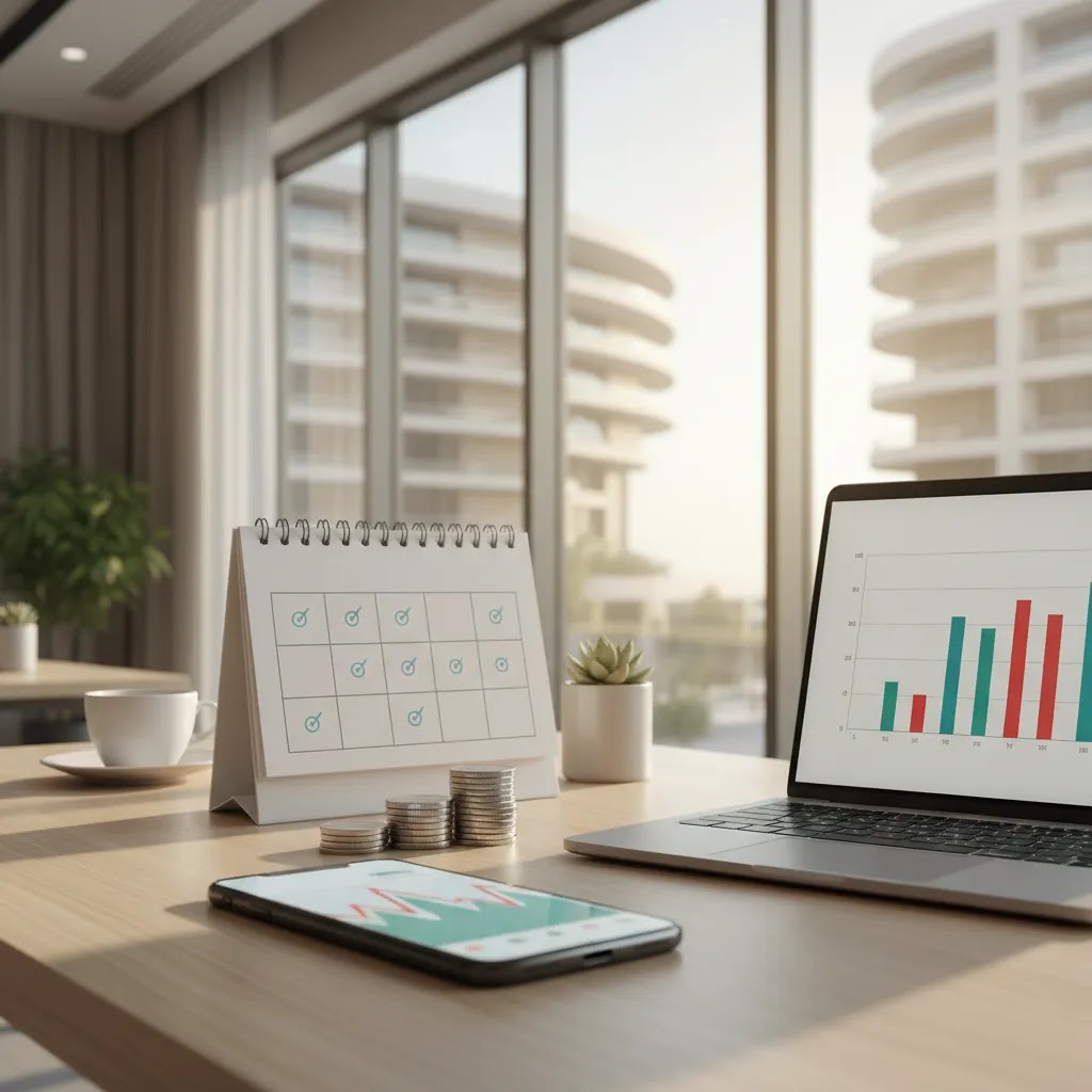Dollar cost averaging concept with recurring monthly investments and market chart for UAE investors