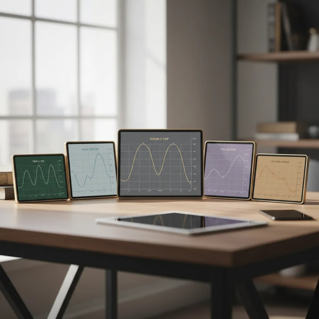 Double top pattern, double bottom pattern, triple formations, and cup and handle pattern displayed on trading screens