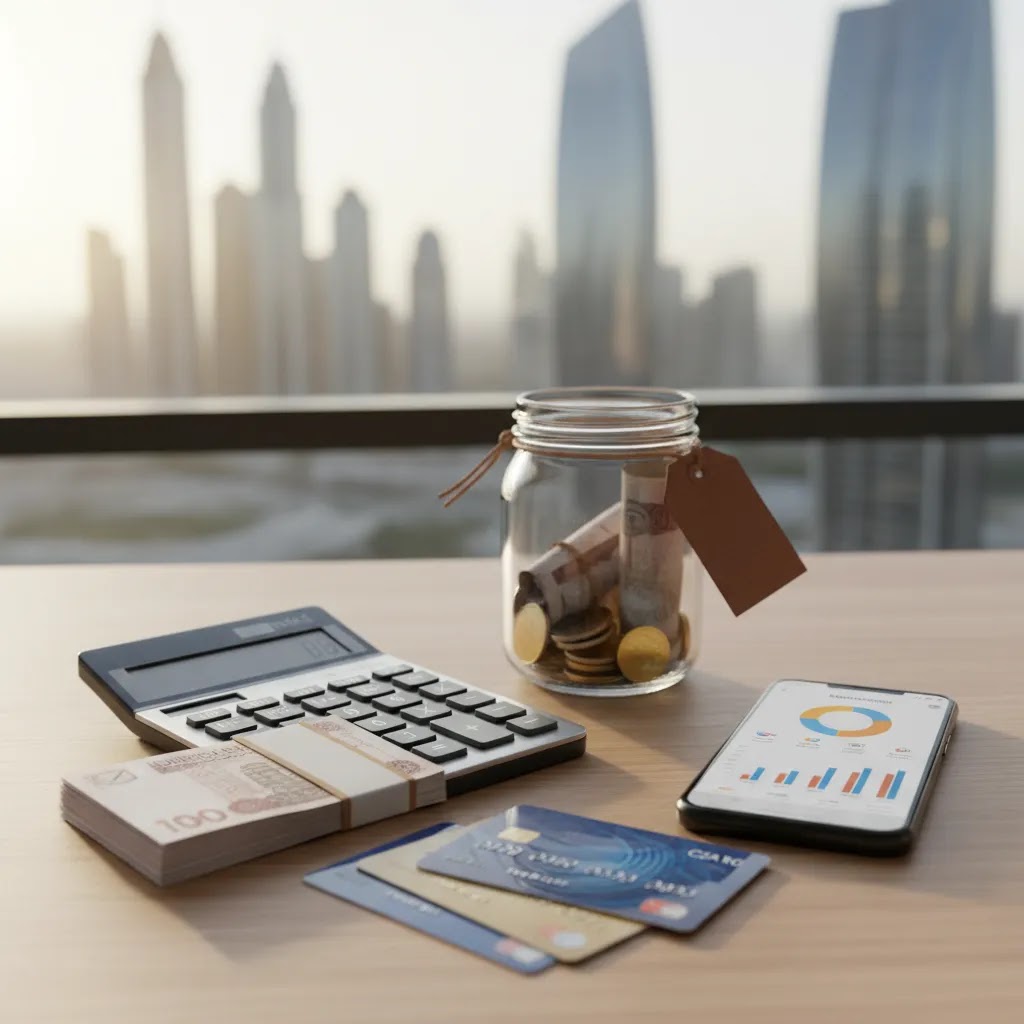 Emergency fund UAE planning scene with calculator, savings, and budgeting tools