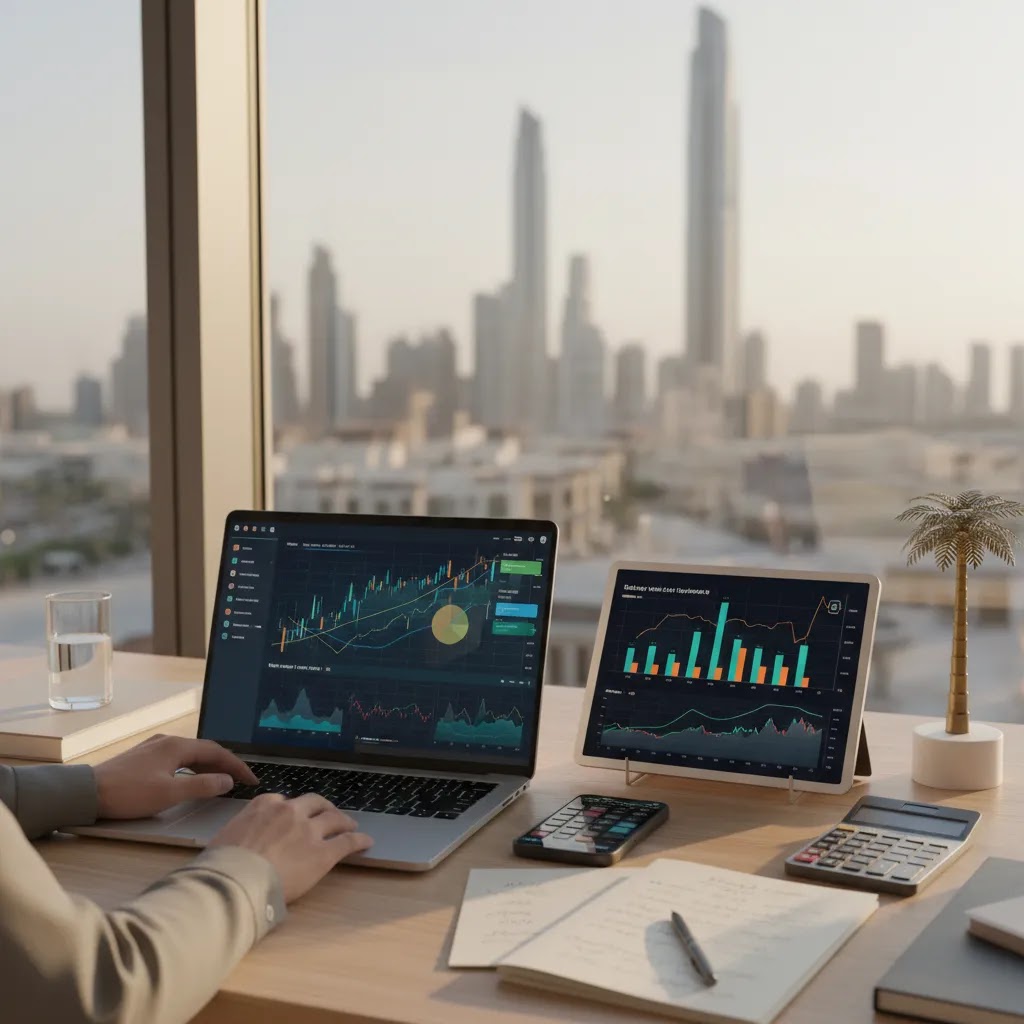 Equity trading platform research setup with charts and devices for analyzing the equity market
