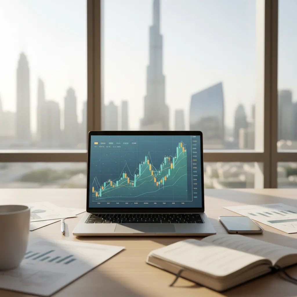 Equity trading for beginners in the UAE with laptop and market charts in a professional Dubai office setting