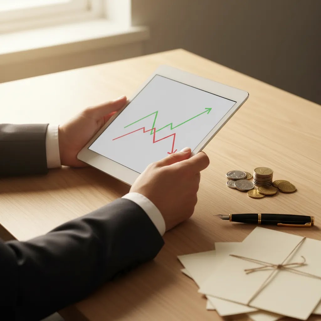 Equity trading meaning illustrated with shares, market charts, and investment tools on a clean desk