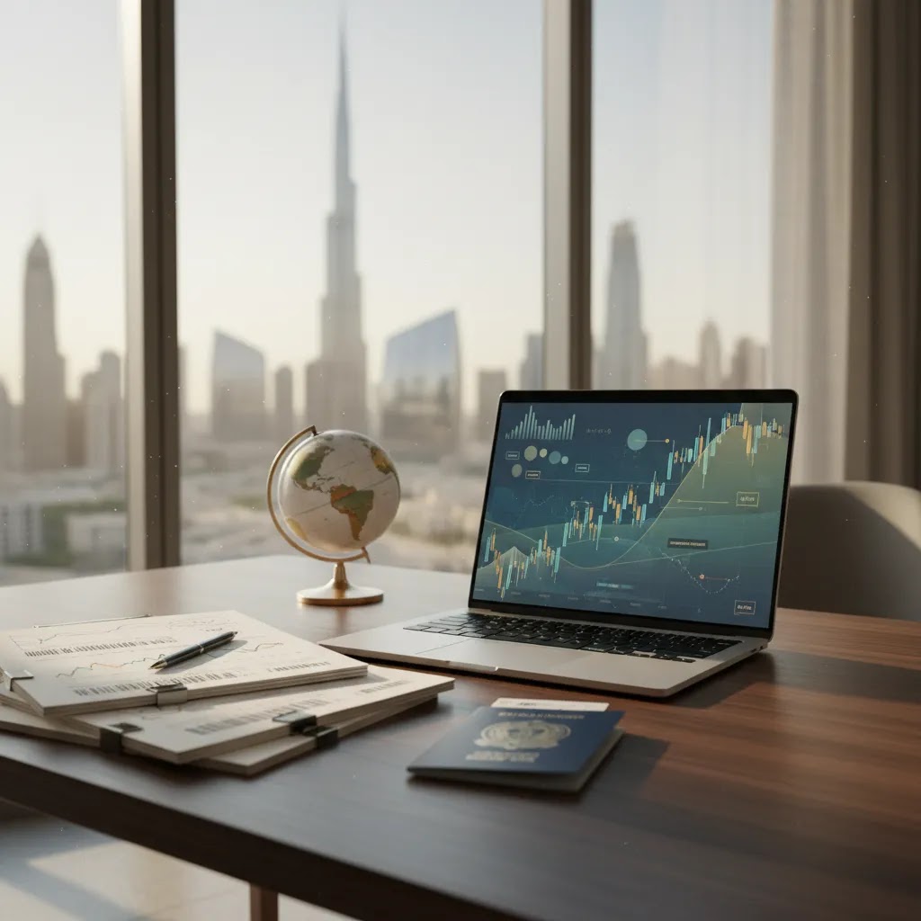Expat tax trading UAE concept with trading desk, passport, and Dubai skyline