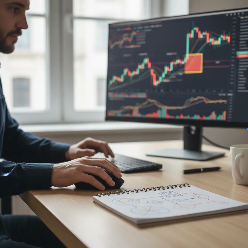 Trading psychology showing fear and greed in trading through a trader pausing before an emotional decision