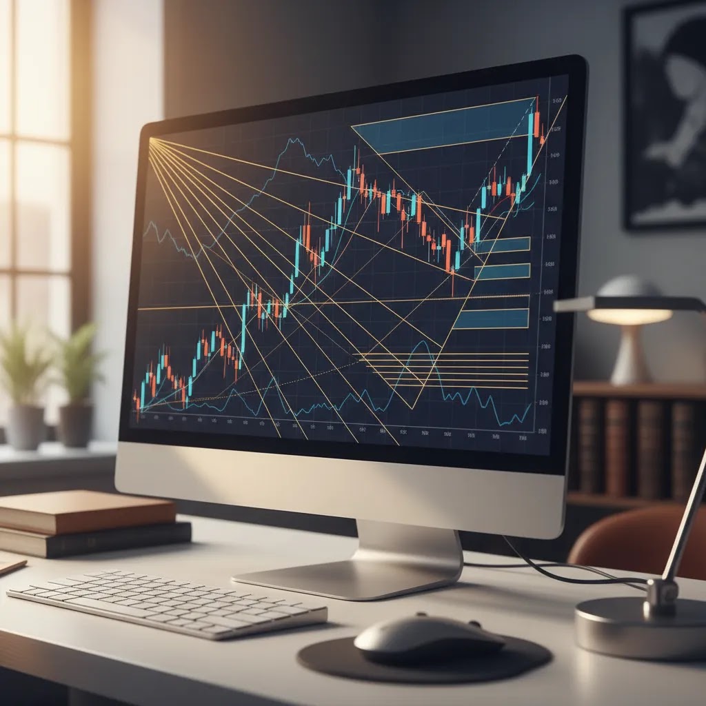 Fibonacci Elliott wave trading analysis with retracement levels on a market chart
