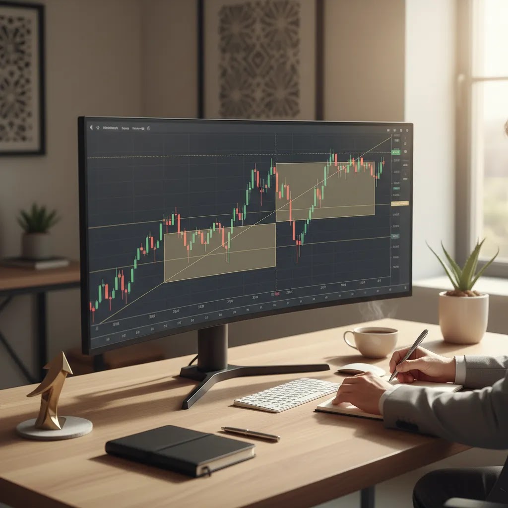 Fibonacci retracement trading chart on a professional workspace showing pullback levels and market analysis