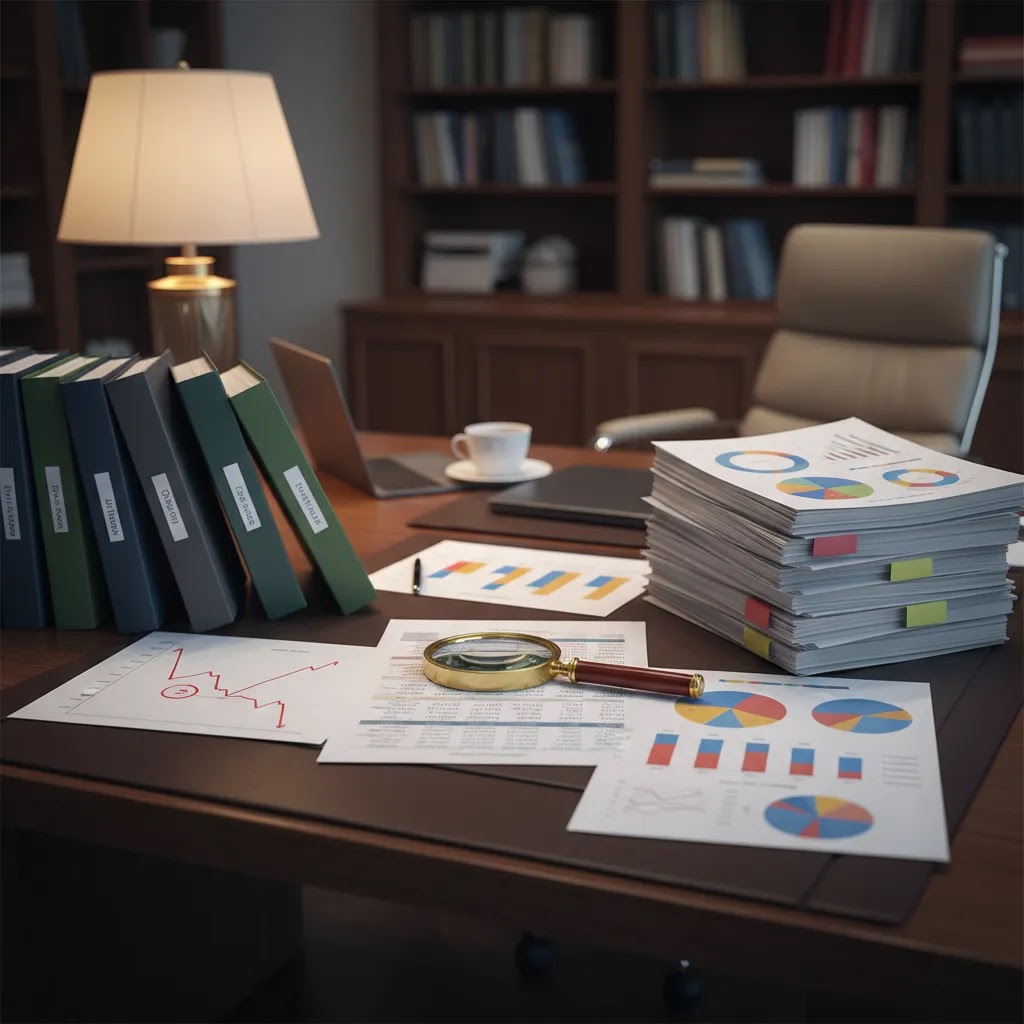 Financial statement analysis with financial ratios red flags and annual report analysis in a professional workspace