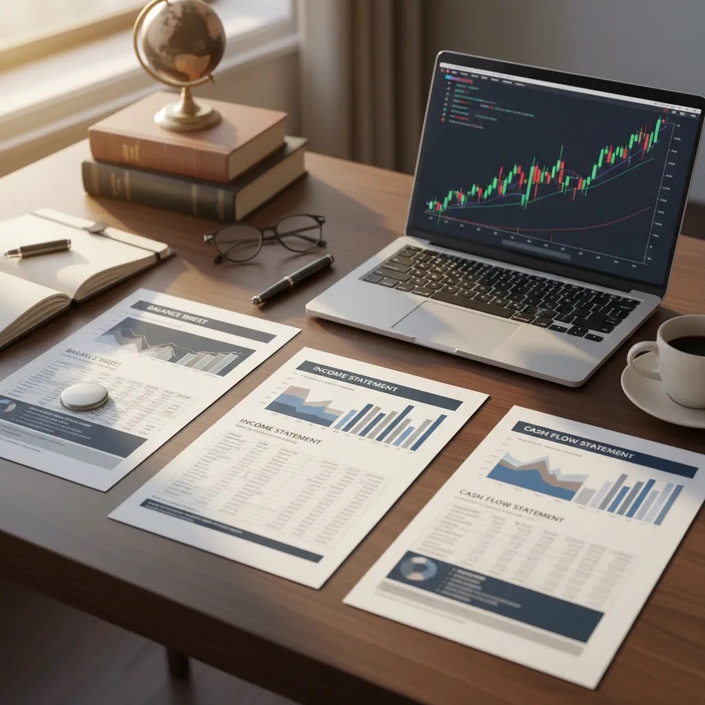 Financial statements guide showing balance sheet, income statement, and cash flow statement on a professional investor desk