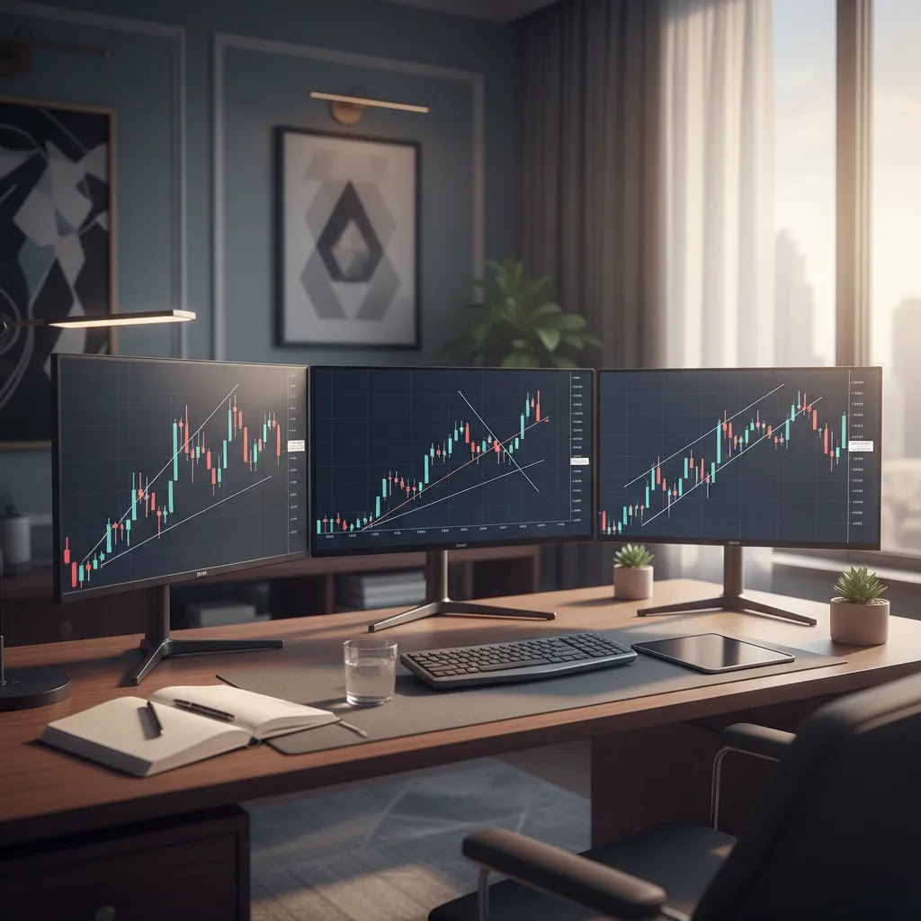 Flag pattern trading hero image showing trading charts with flag, triangle, and wedge continuation patterns on a professional desk