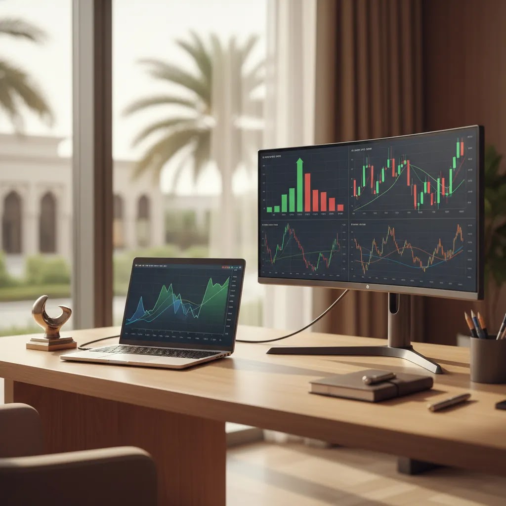 Forex charts beginner guide hero image showing a professional trading desk with line bar and candlestick chart views