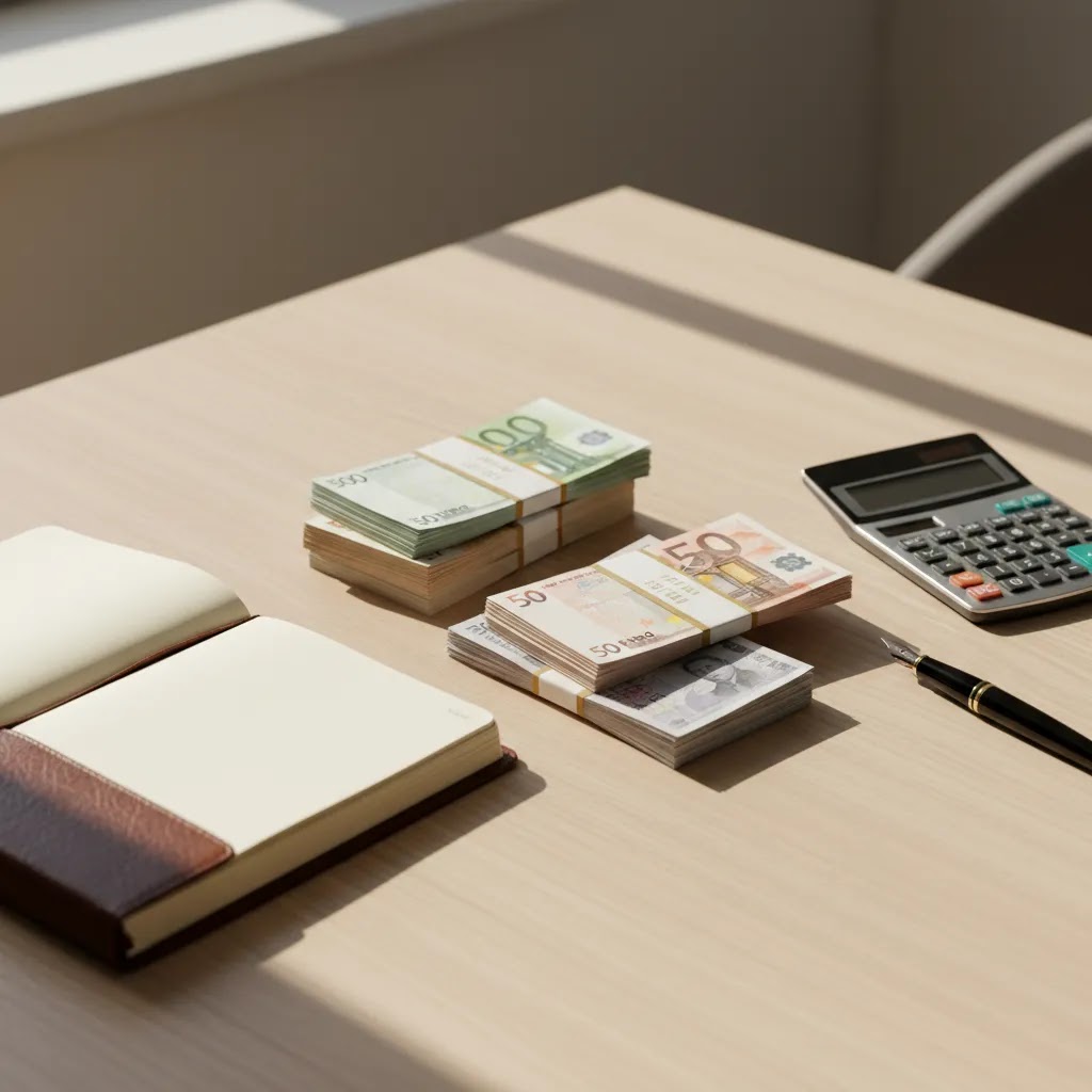 Forex halal or haram illustration with international currencies and financial tools in a clean professional setting