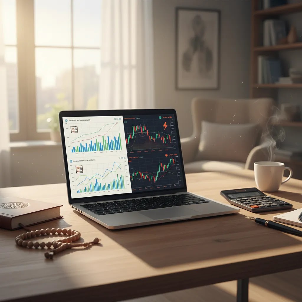 Forex in Islam visual representing settlement and possession with currency exchange and trading desk elements