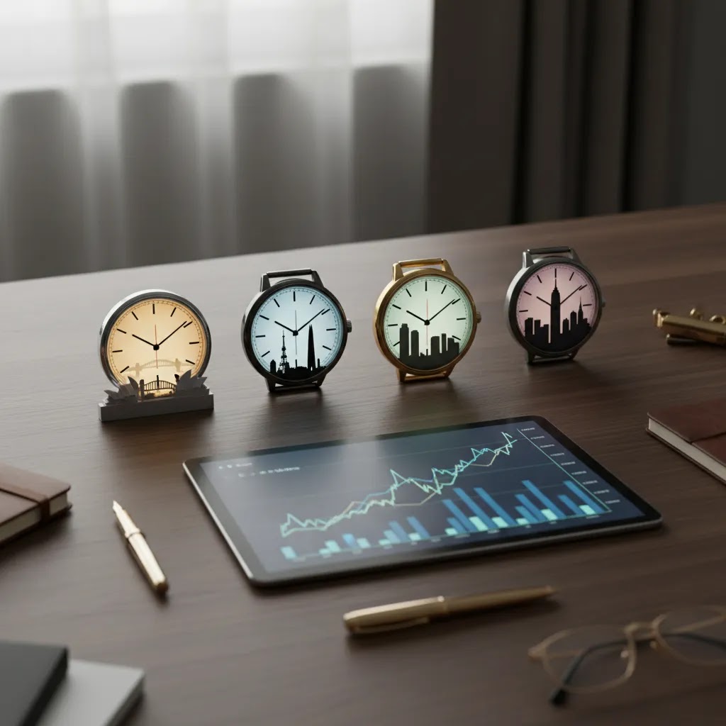 Forex market sessions in UAE time illustrated with global clocks and trading charts