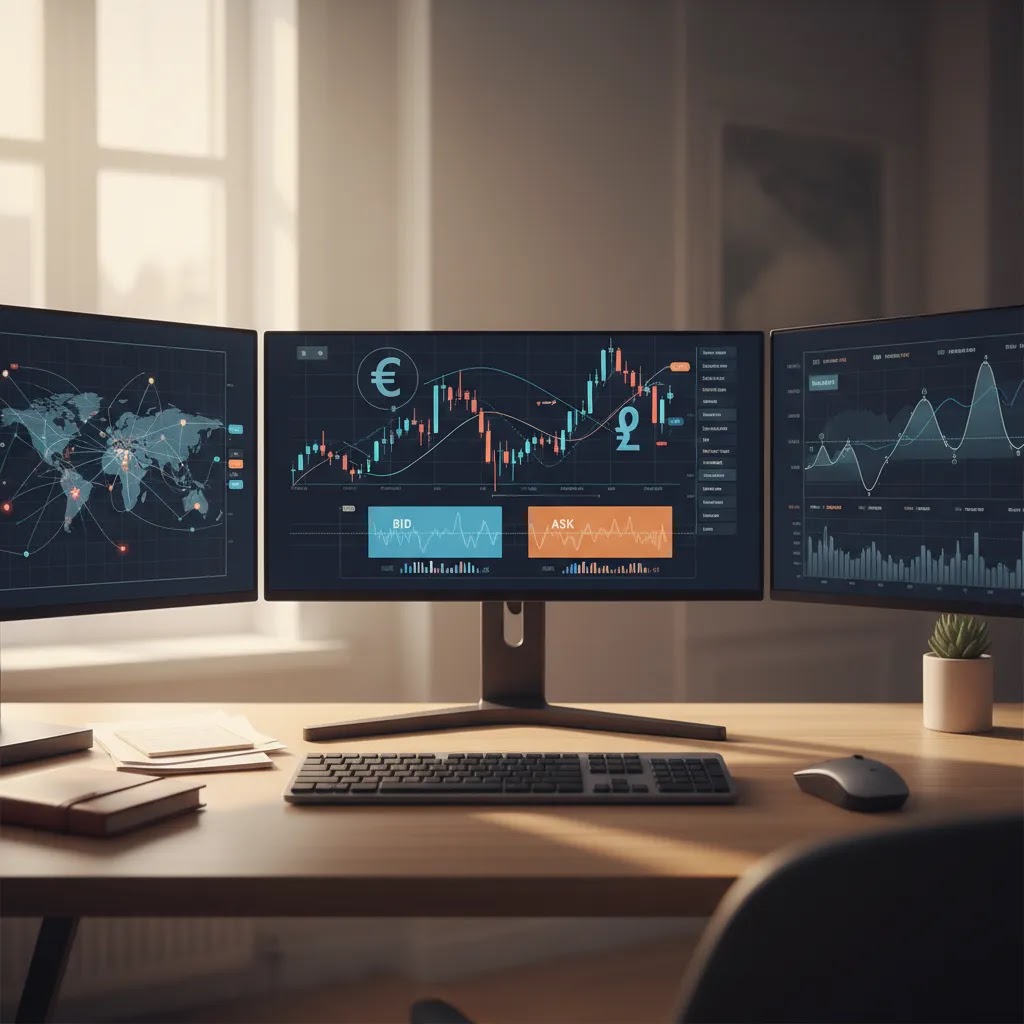 Forex market structure showing currency pairs and decentralized interbank trading setup