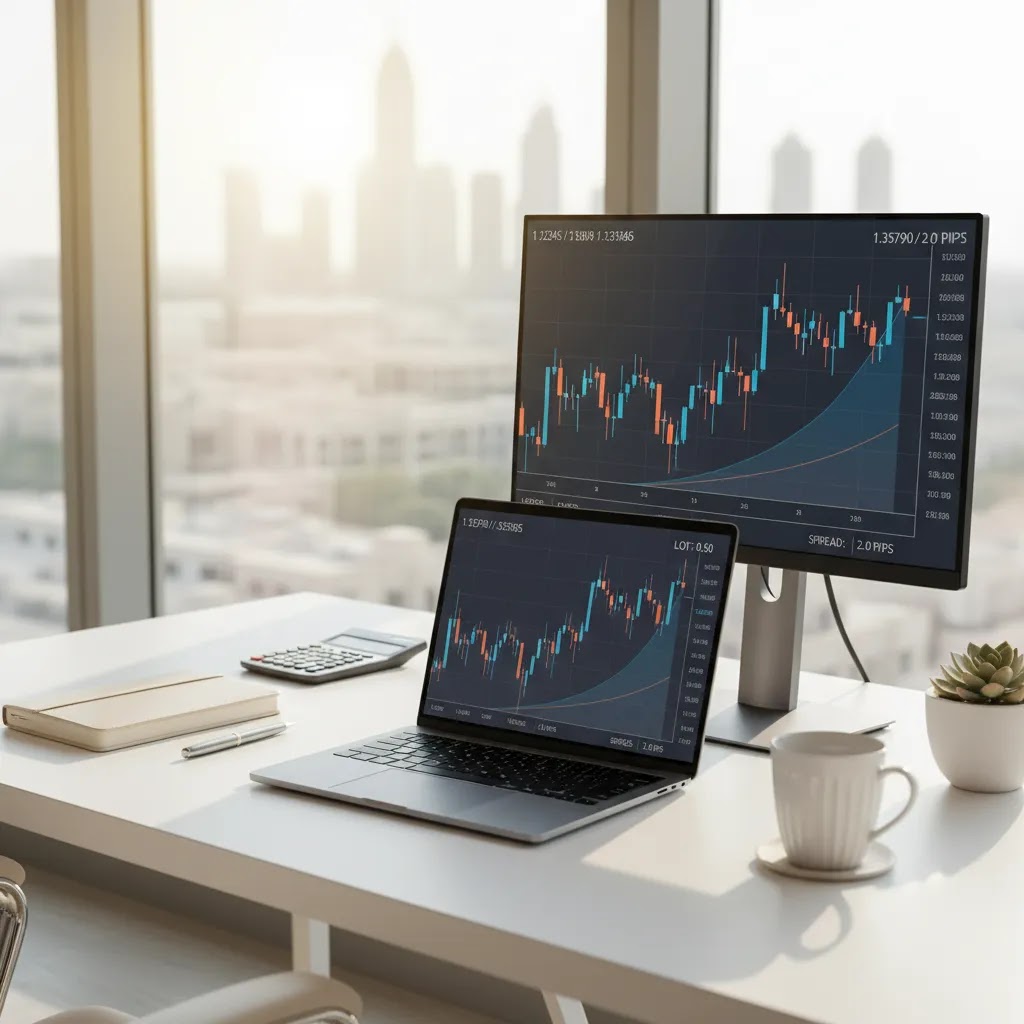 Forex pips guide visual showing trading desk with currency charts, spreads, and lot size concepts