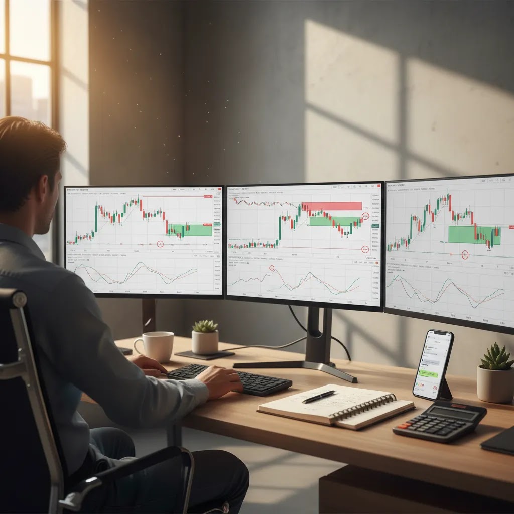 Forex signals on a professional trading desk with charts and mobile alerts