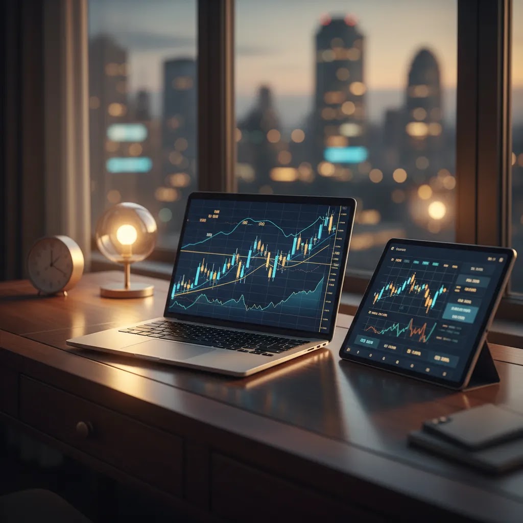 Forex swap concept showing an overnight fee on a trading desk with charts and market analytics