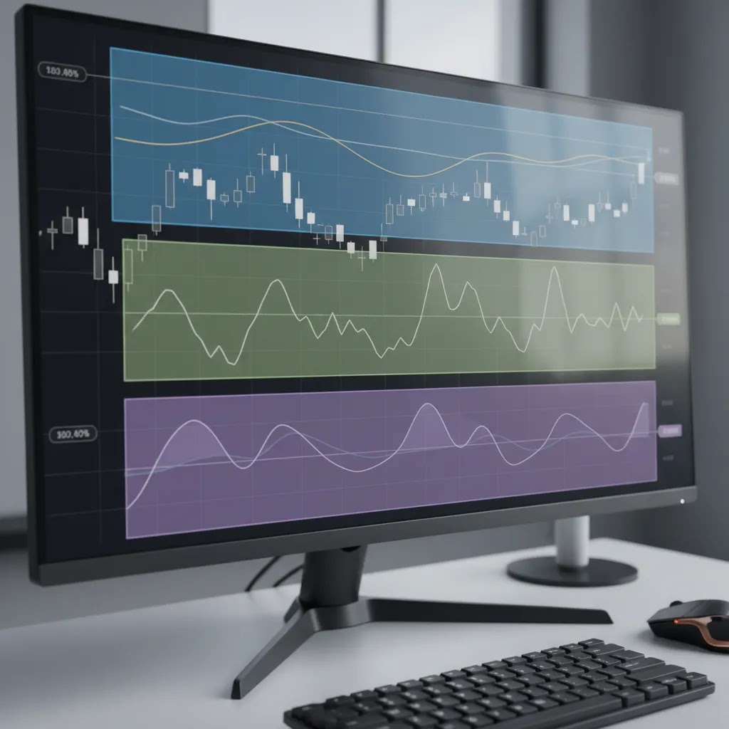 Forex trading indicators visualizing trend momentum and volatility on a professional chart setup