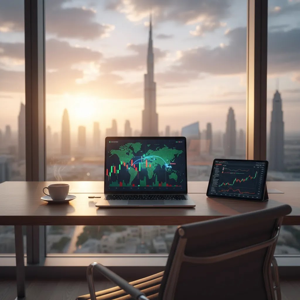 Forex trading sessions in UAE with global market hours visualized in a premium Dubai office setting