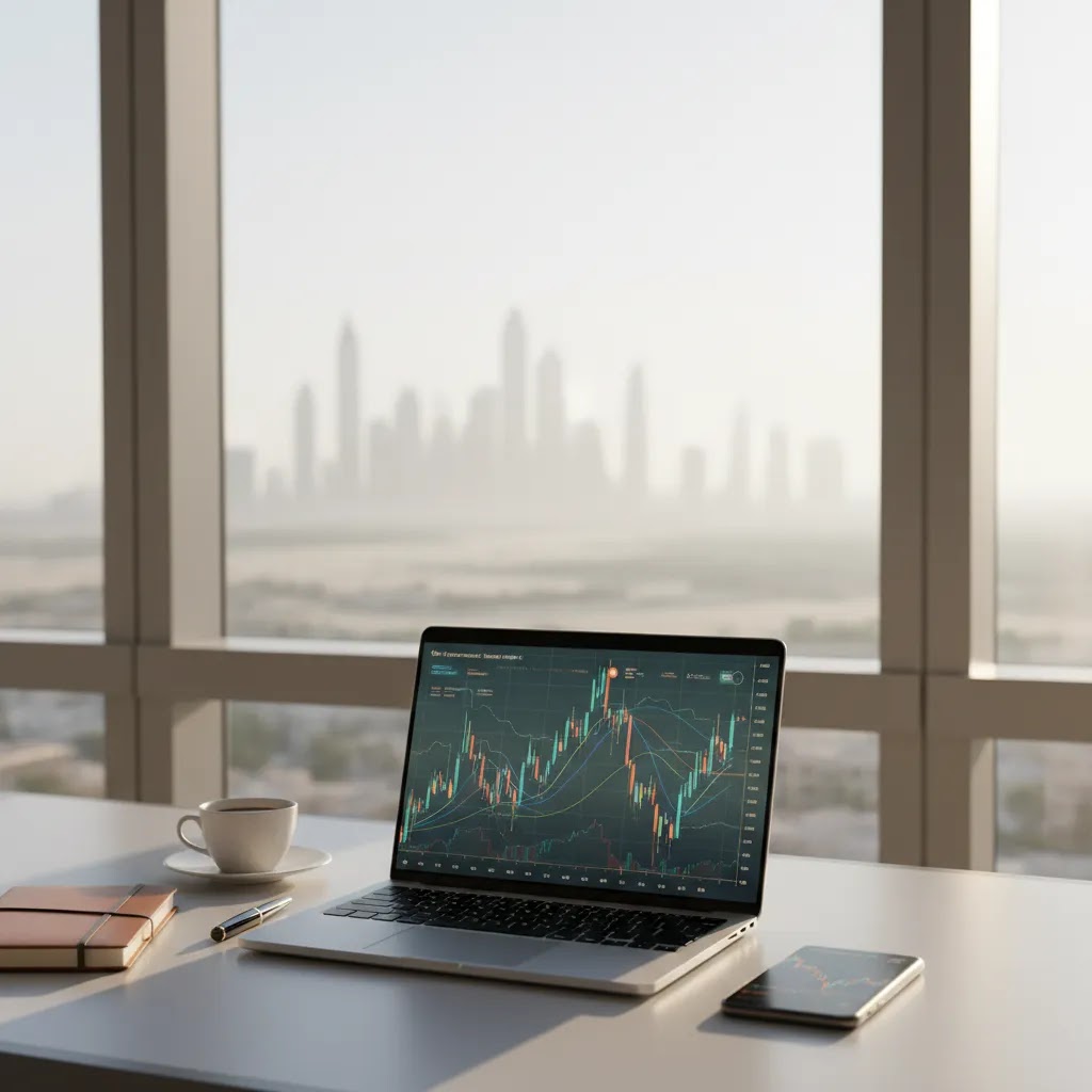 Forex trading UAE guide hero image showing market analysis workspace in a modern UAE office