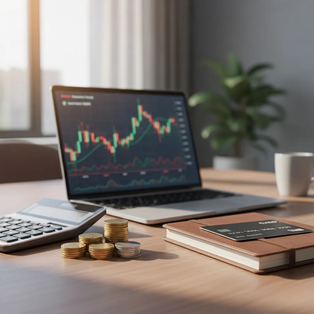 Forex trading UAE tax and cost planning image with calculator, laptop, and financial tools