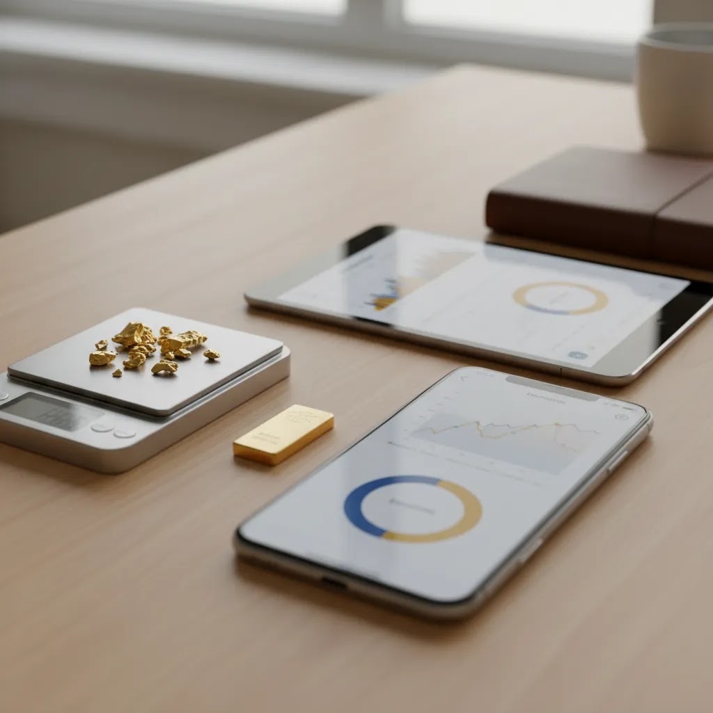 Fractional gold investing UAE visual showing digital app access and small measured gold units