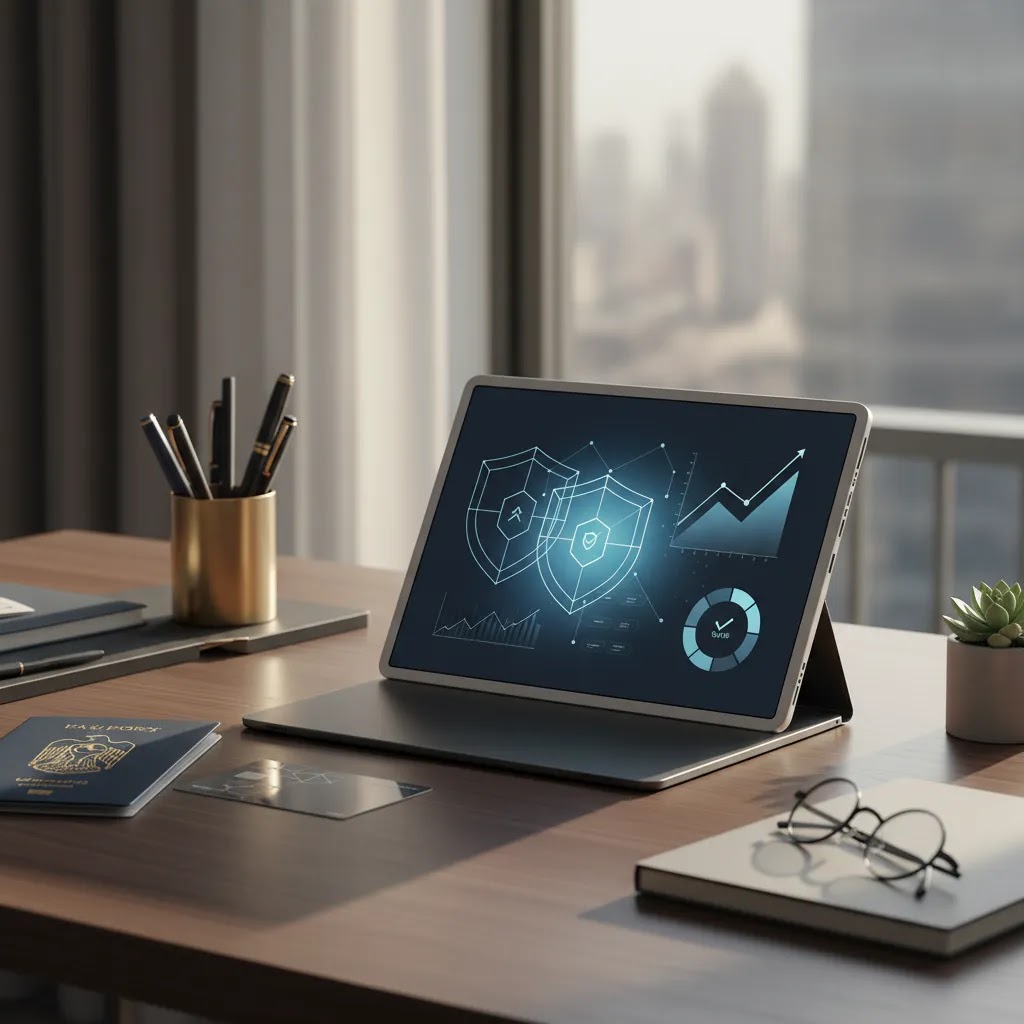 Fractional shares UAE safety and regulation concept with secure digital investing tools and financial documents