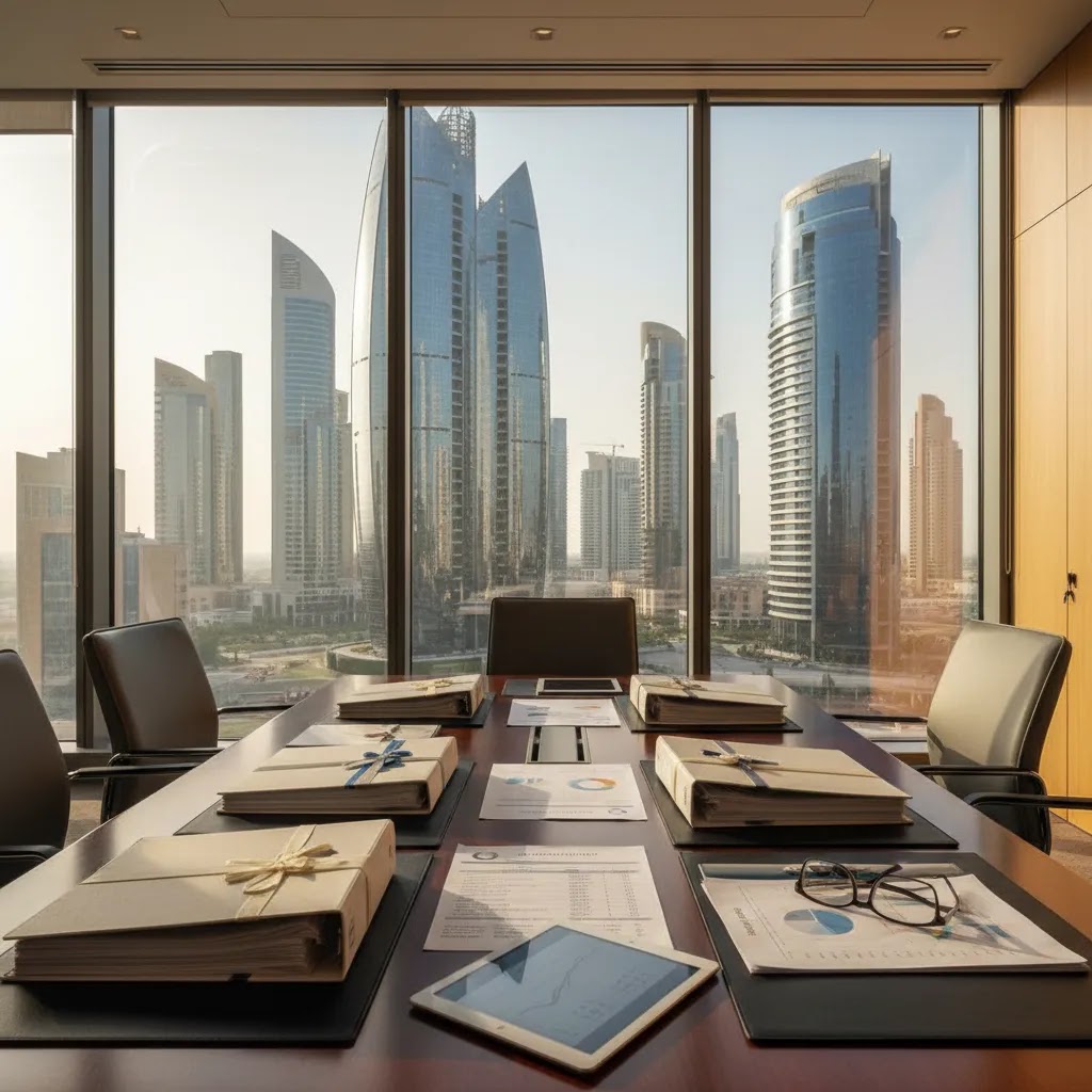 Free zone corporate tax UAE concept with modern business district office and compliance documents