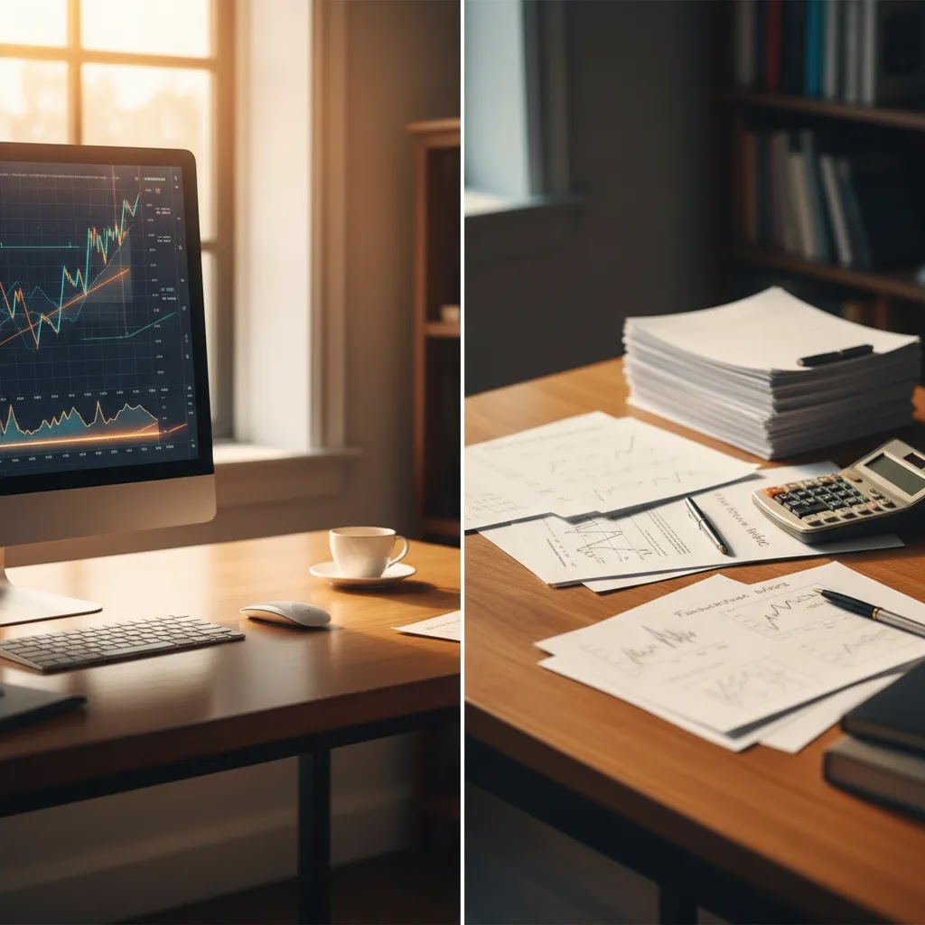 Fundamental analysis vs technical analysis comparison with valuation documents and chart-based trading setup