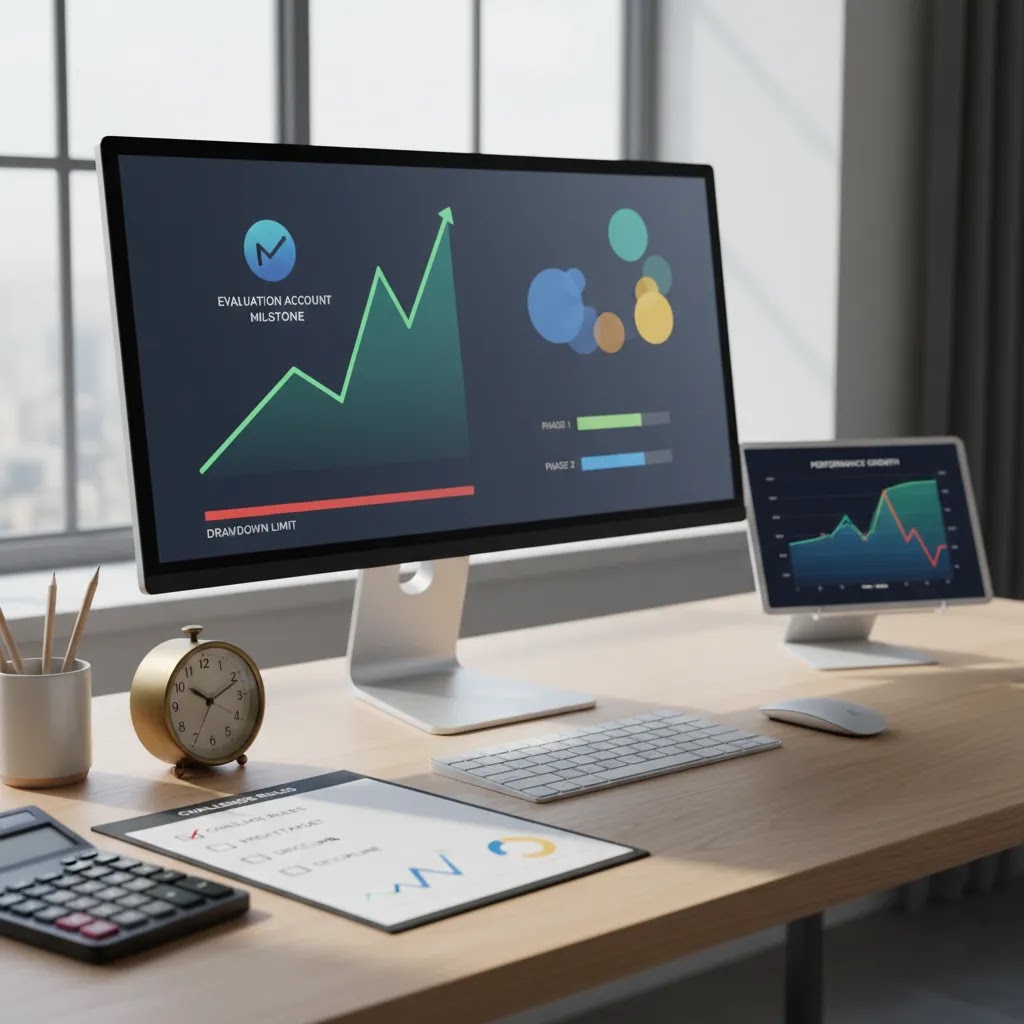 Funded trading account evaluation process showing prop firm challenge steps and risk limits