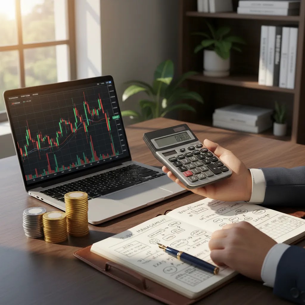 Futures margin and risk management scene with leverage calculations and market charts