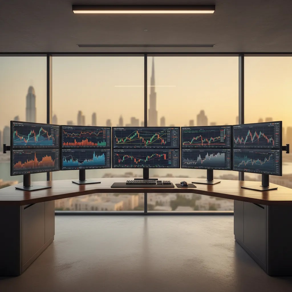 Futures market and futures trading platform setup for Dubai traders with commodity and index charts