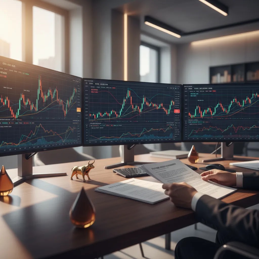 Futures trading guide hero image showing contracts, charts, and market analysis in a professional office