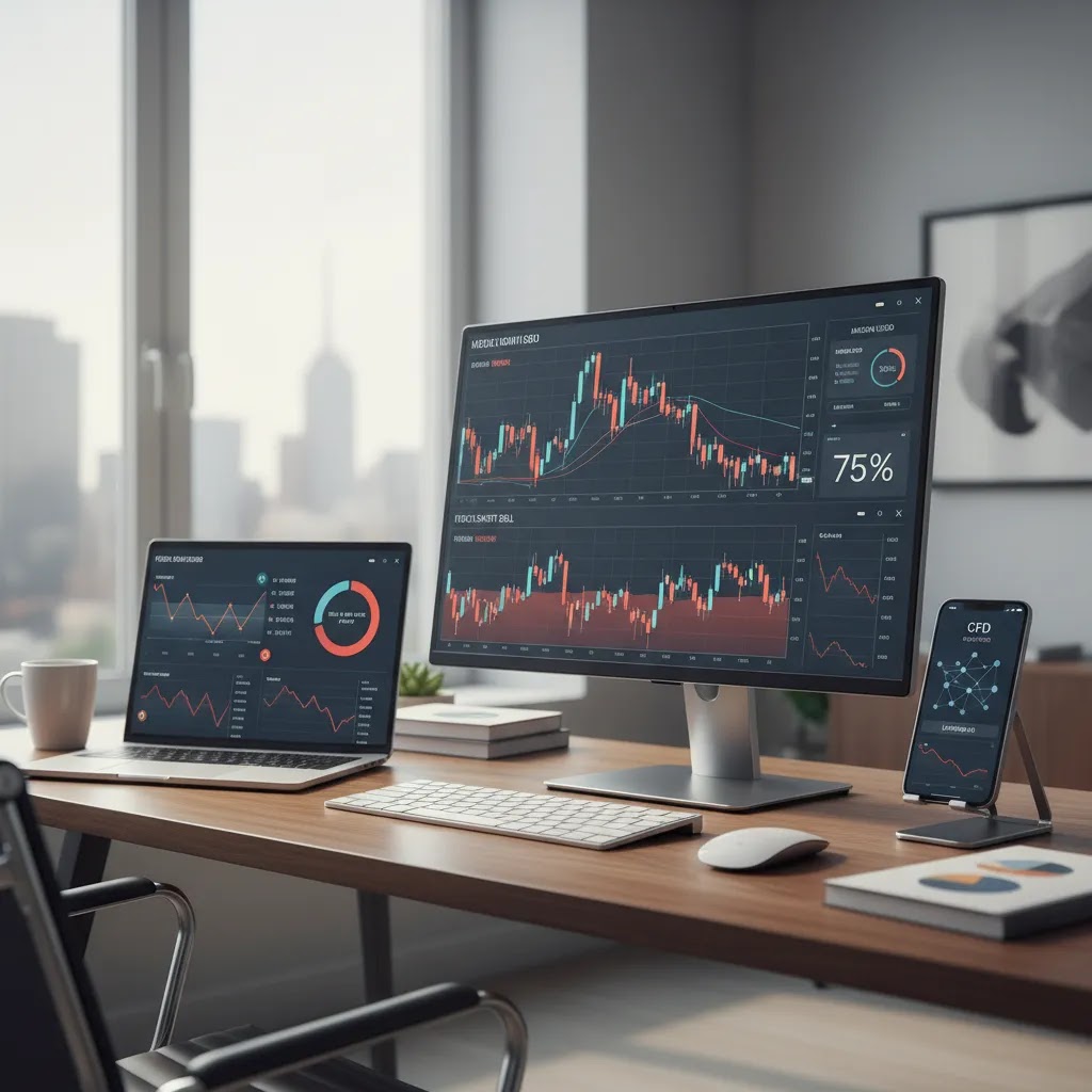 Going short across trading platforms with bearish market charts representing stock, CFD short selling, and forex exposure