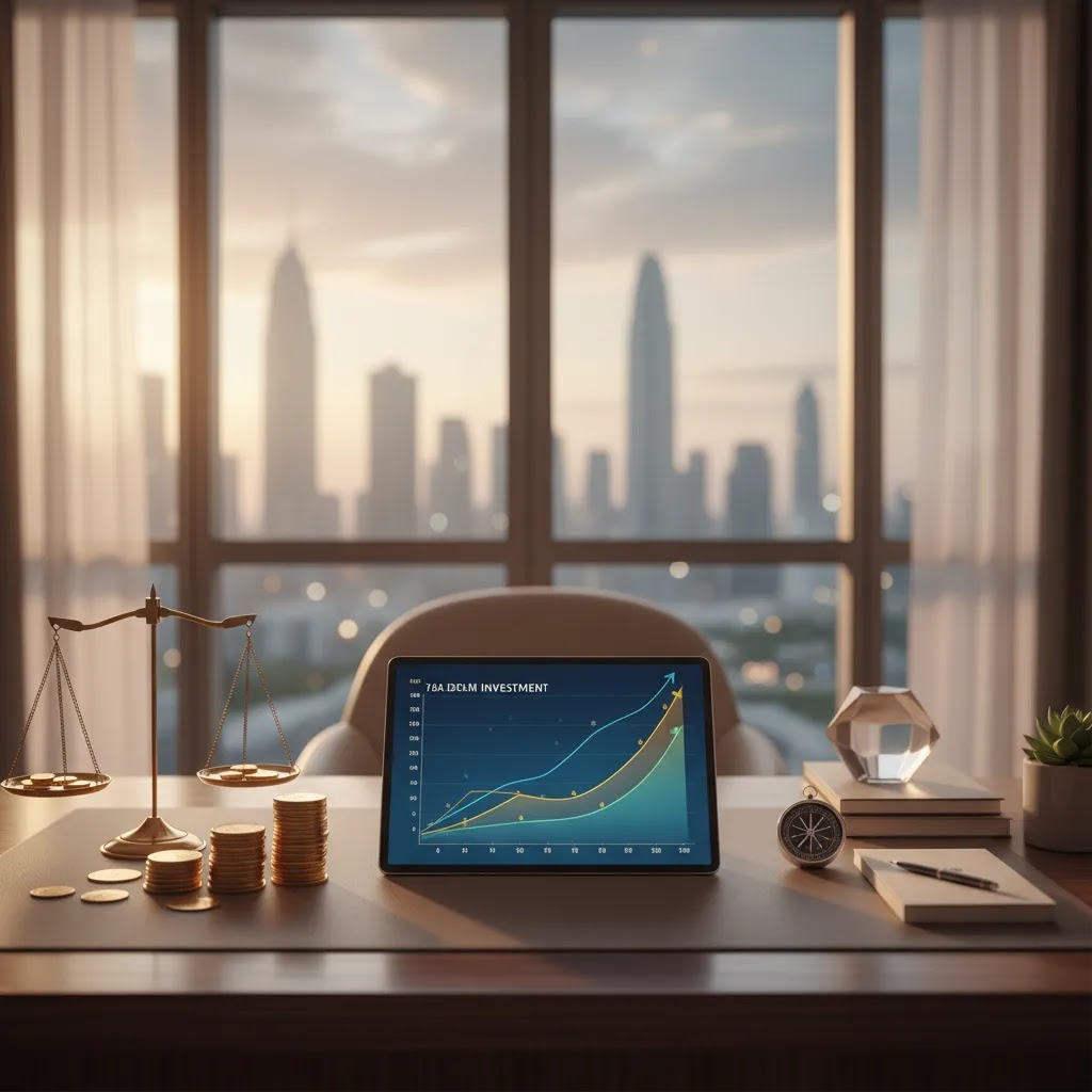 Gold diversification vs stocks portfolio allocation concept with gold assets and investment charts in a modern workspace