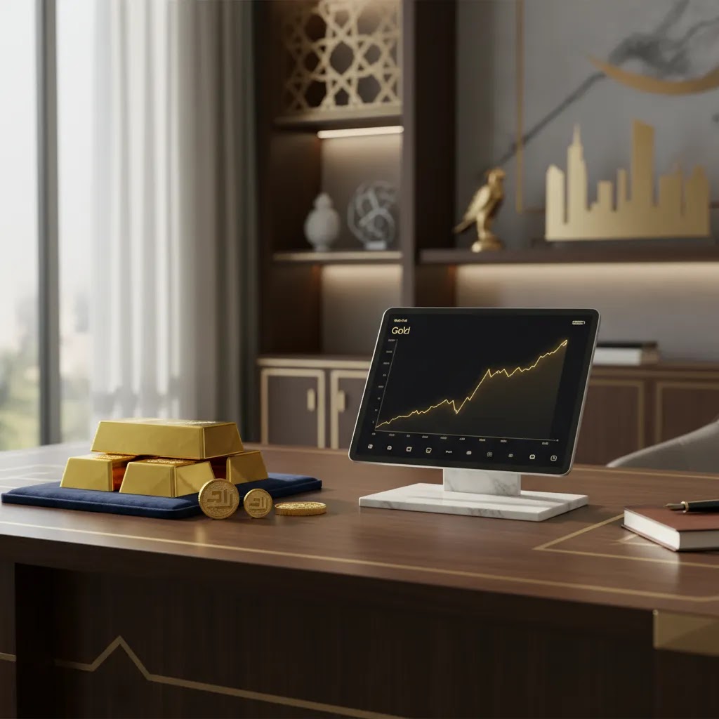 Gold ETF vs physical gold comparison for UAE investors with gold bar coins and digital trading screen