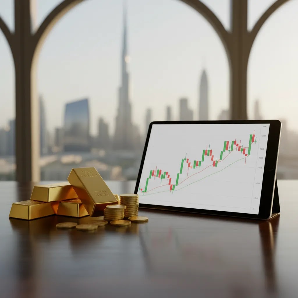 Gold price forecast concept with gold bars and market chart in a premium financial setting