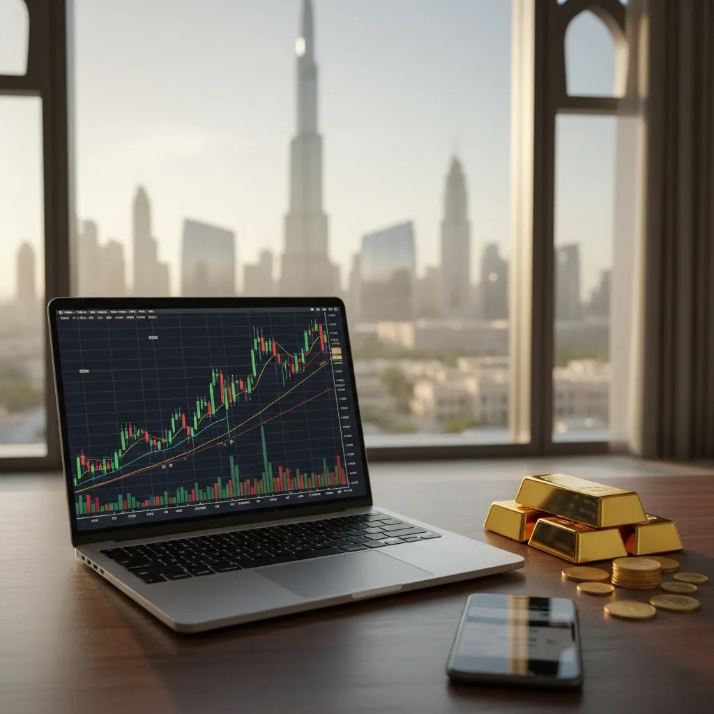 Gold trading guide in the UAE with laptop chart and physical gold on a modern desk
