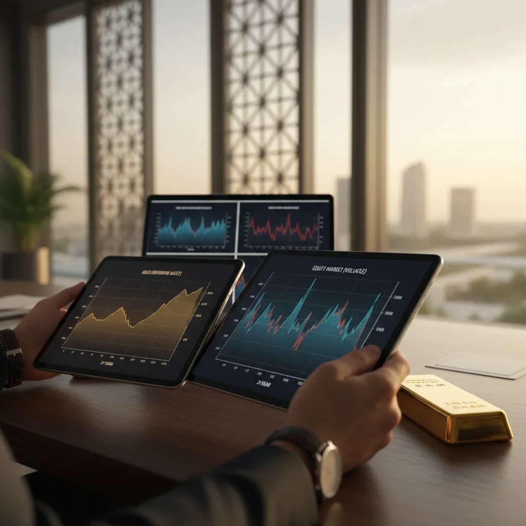 Gold vs stock market over time with charts and gold bullion illustrating volatility, time horizon, and safe haven investing