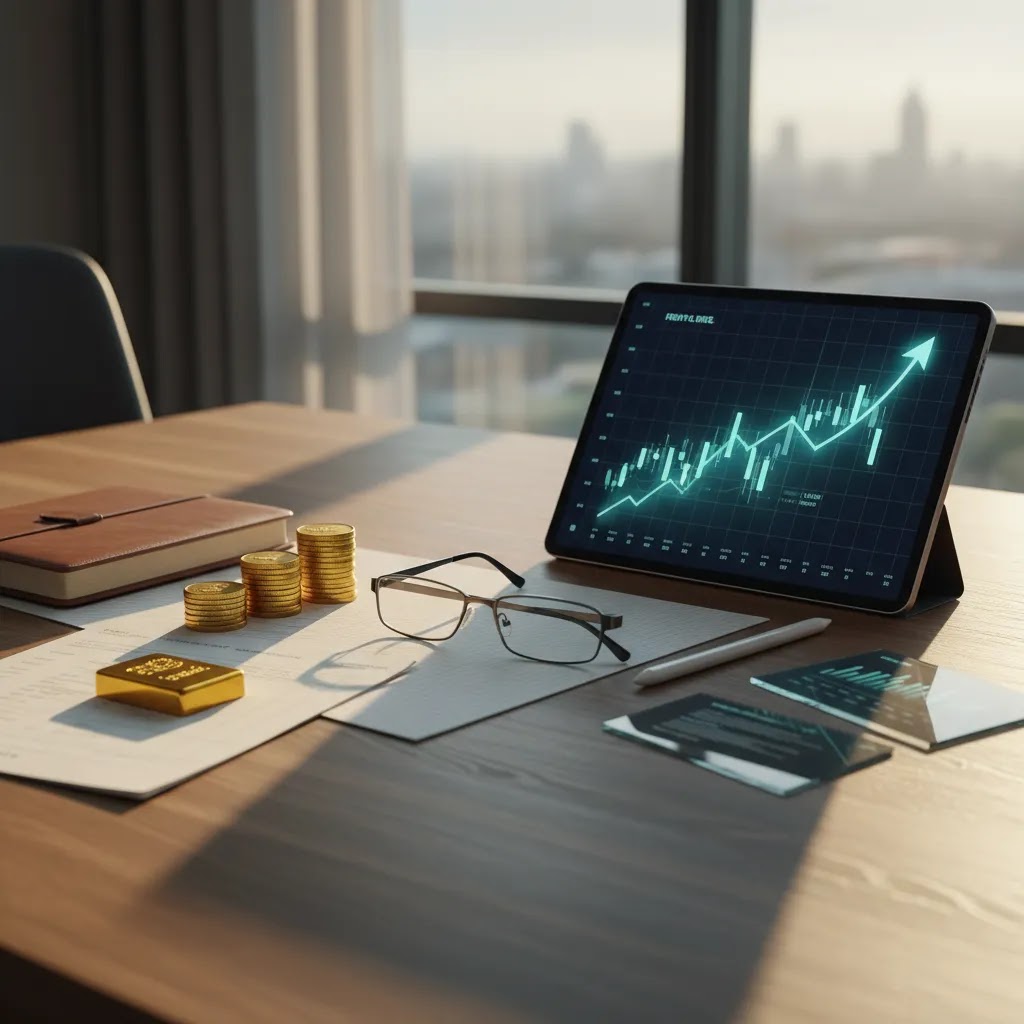 Gold vs stocks at a glance showing gold hedge role and stock market growth comparison in a portfolio planning scene