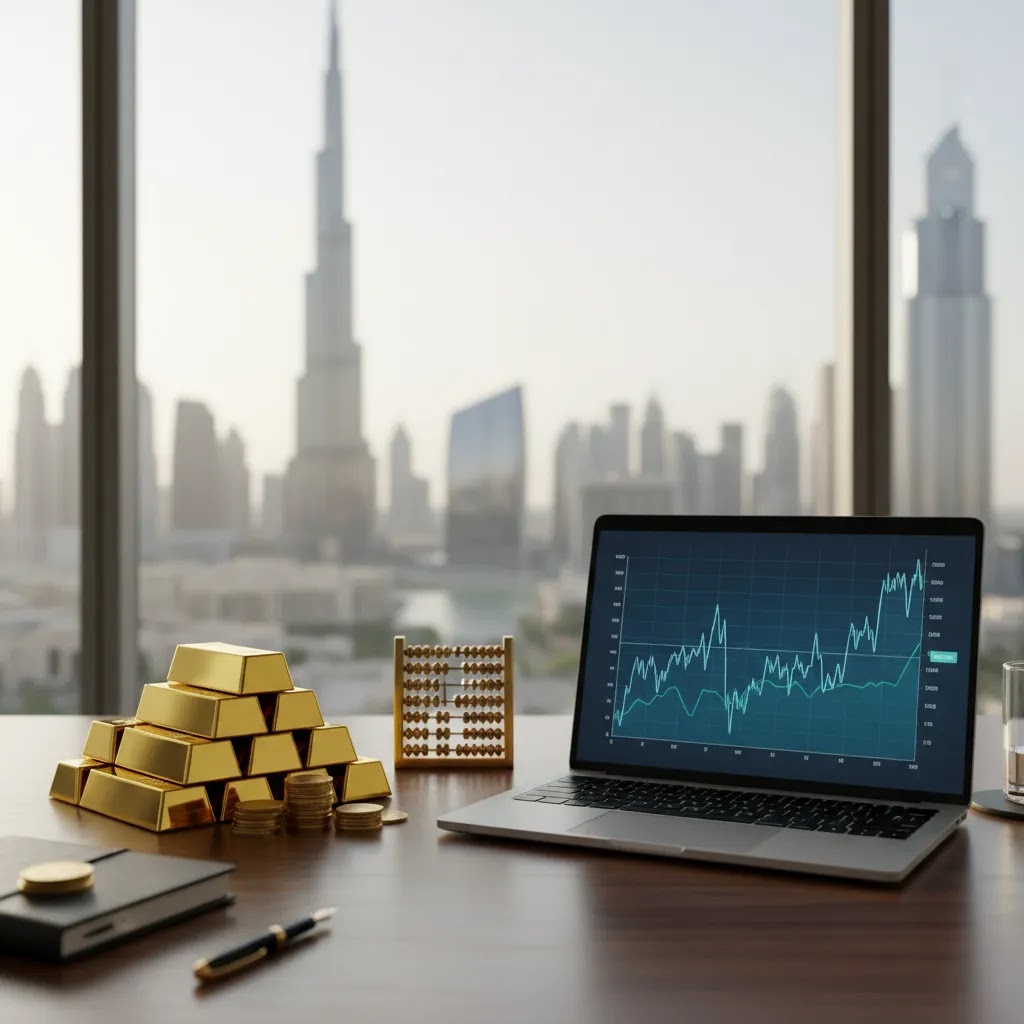Gold vs stocks comparison for UAE investors with gold bullion and stock market chart in a premium financial setting