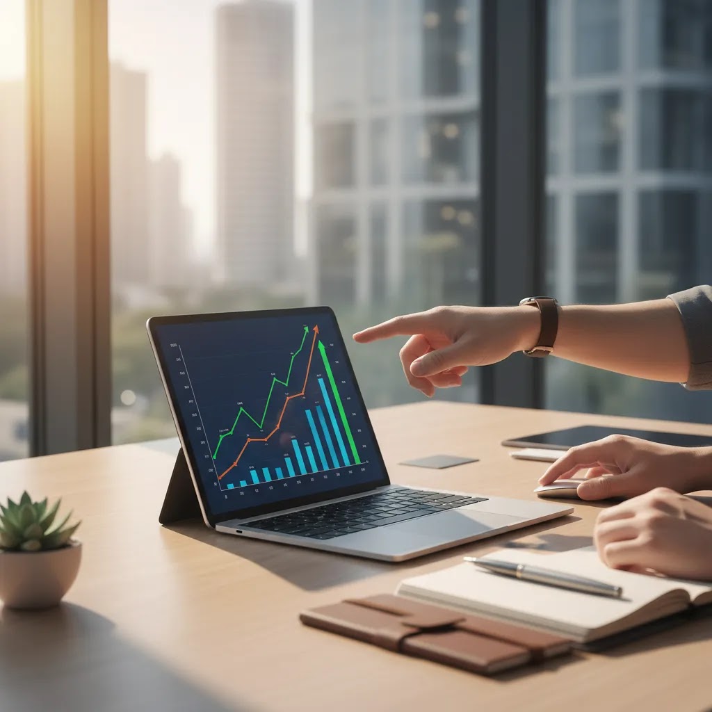 Growth investing for beginners with upward market charts and modern digital portfolio tools