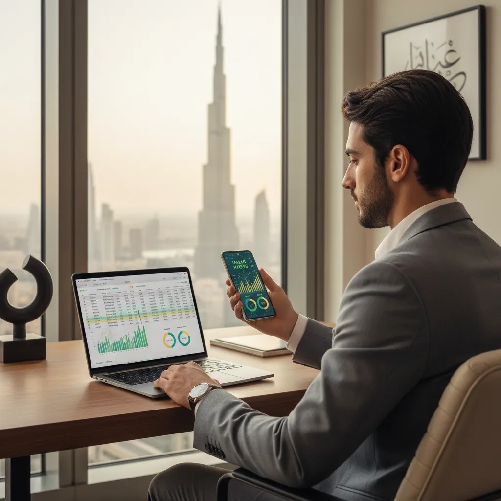 Halal stocks UAE investor using broker platform to research halal ETF UAE and shariah compliant funds